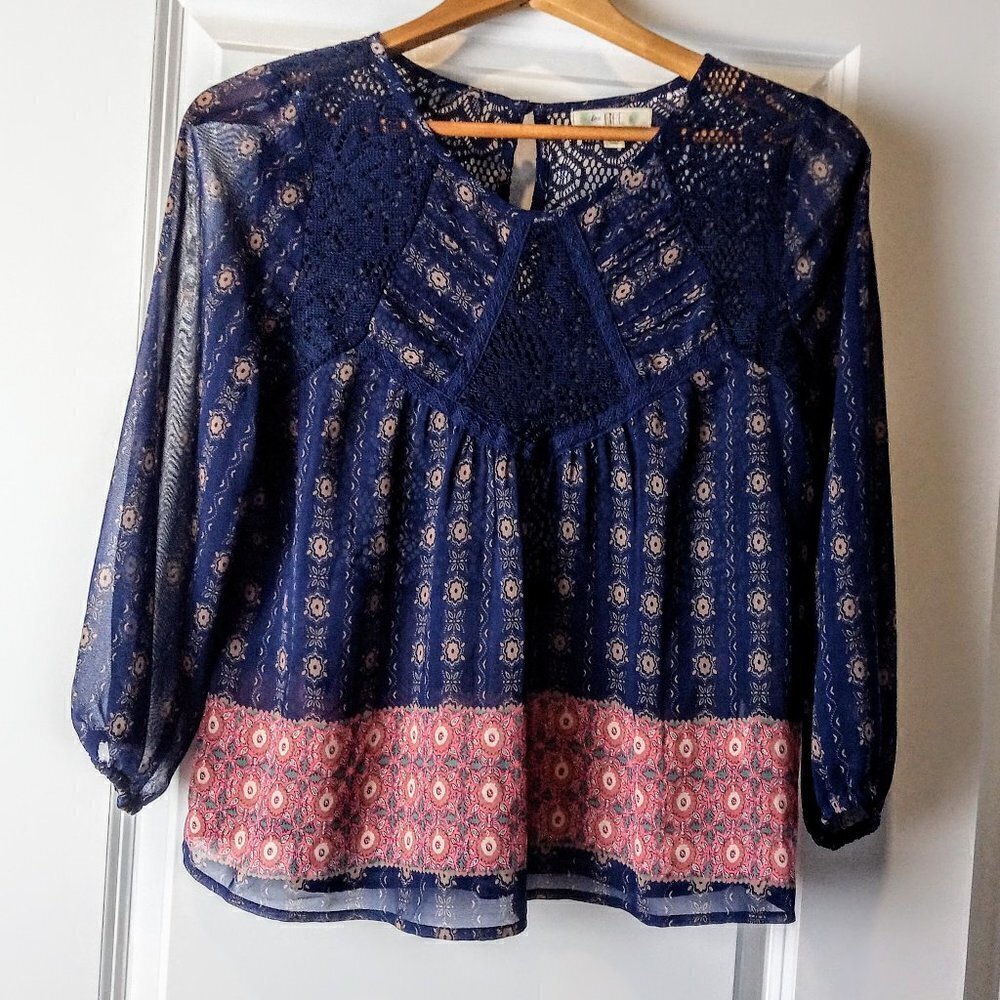 Love, Fire Navy Blue & Pink Sheer Lace Top